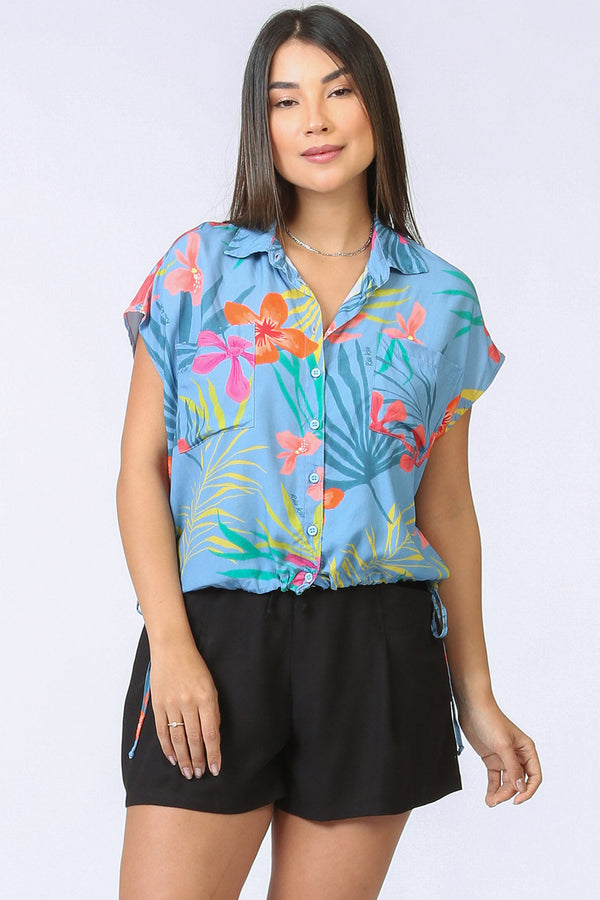 Blusa Camisa Estampada Floral Azul